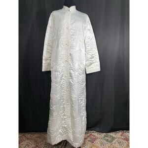 Vintage Satin Quilted Flowers & Shells, Robe, Cream Long Housecoat, Button Up